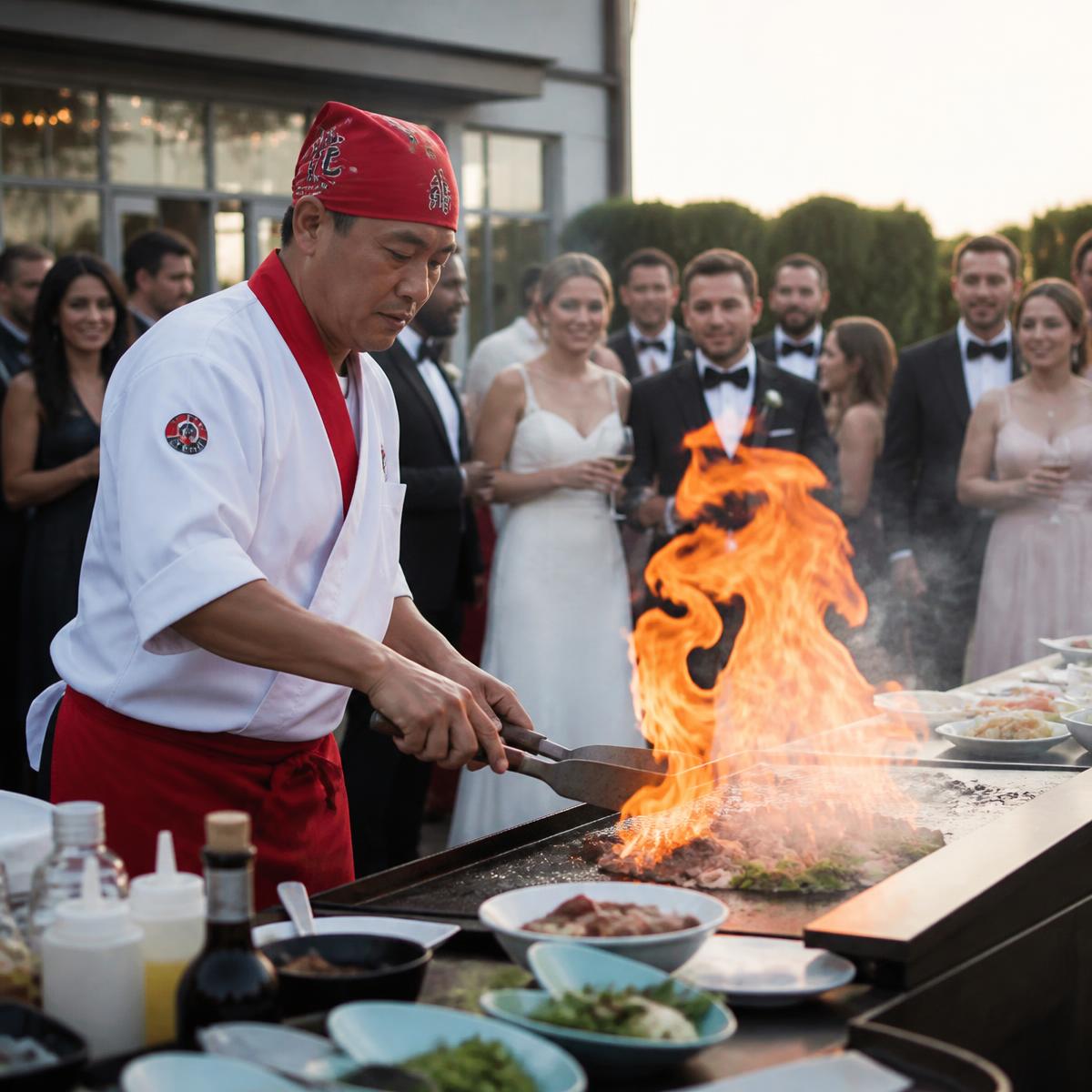 Chef Masa Hisaeda cooking at a live teppan station